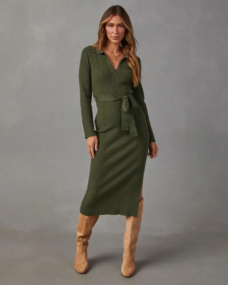

GUWU Knit Women Long Sleeve Turn-down Collar Shirt Bodycon Dress Winter Sexy Night Club Birthday Party Evening Prom Maxi Dresses