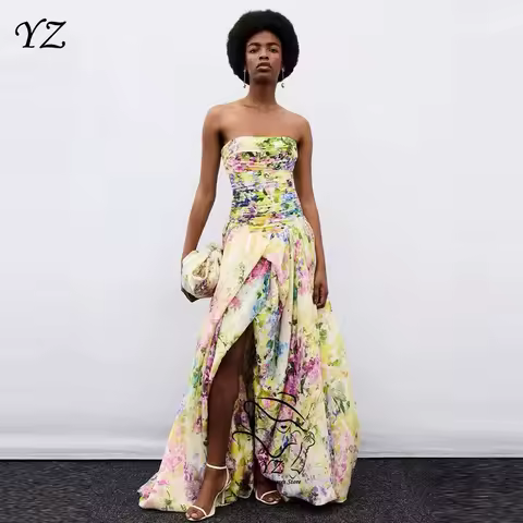 YZ Romantic A-line Printed Evening Gown Dress Strapless Side High Slit Floor-Length Party Dress Customized 2026 New فساتين سهرة