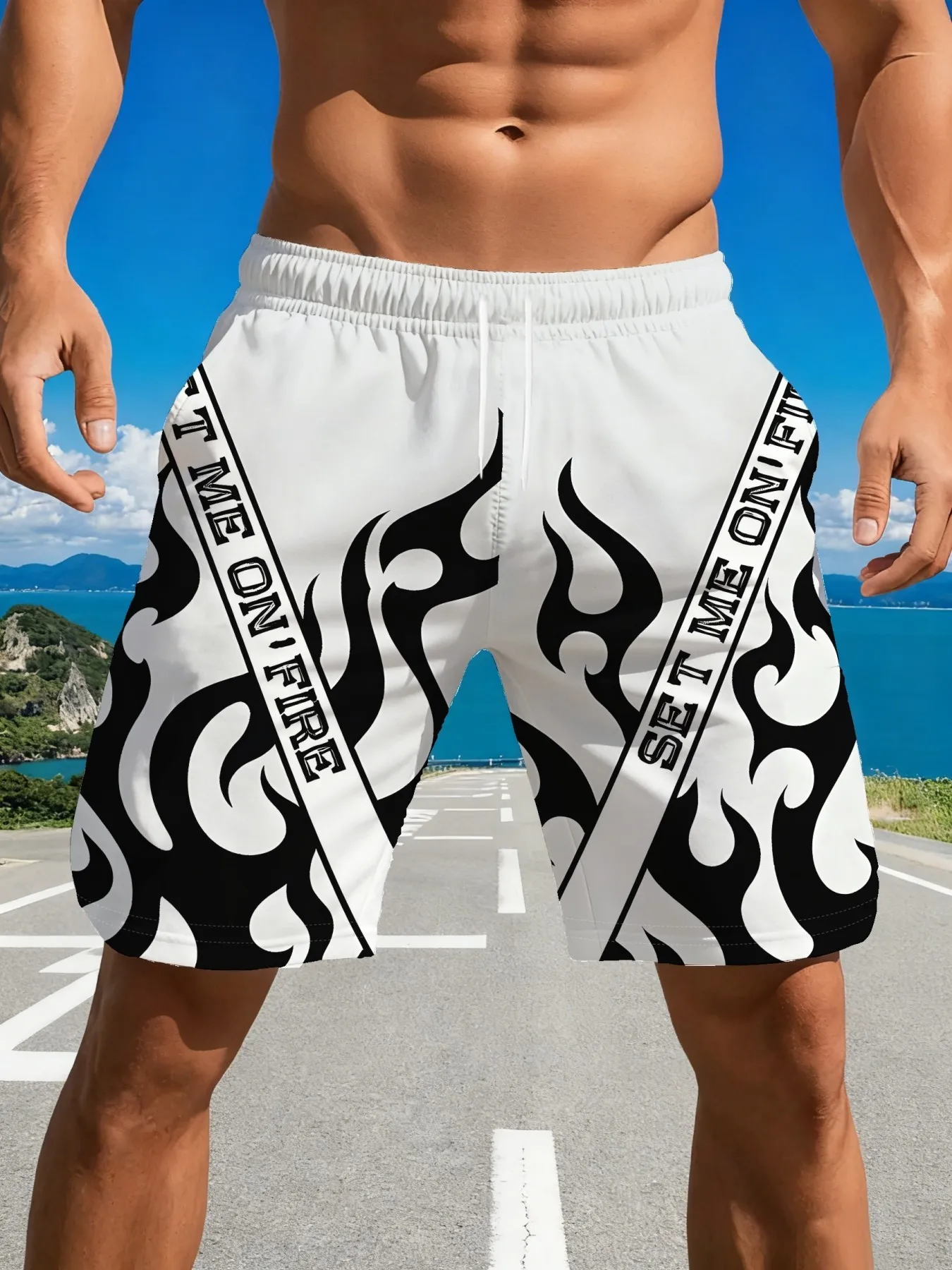 2026 Summer New Style Men's Shorts for Outdoor Sports, Casual Wear Fashionable Comfortable Soft 3D Flame Pattern Print