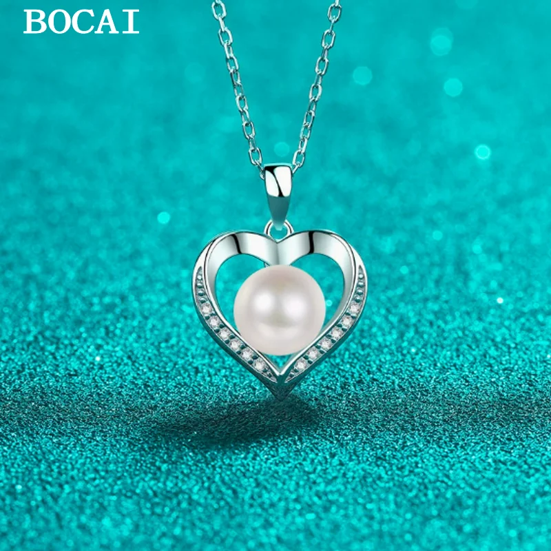 

BOCAI S925 Стерлинговое серебро Простой и модный кулон на шею с инкрустацией муассанитом в форме сердца из пресноводного жемчуга