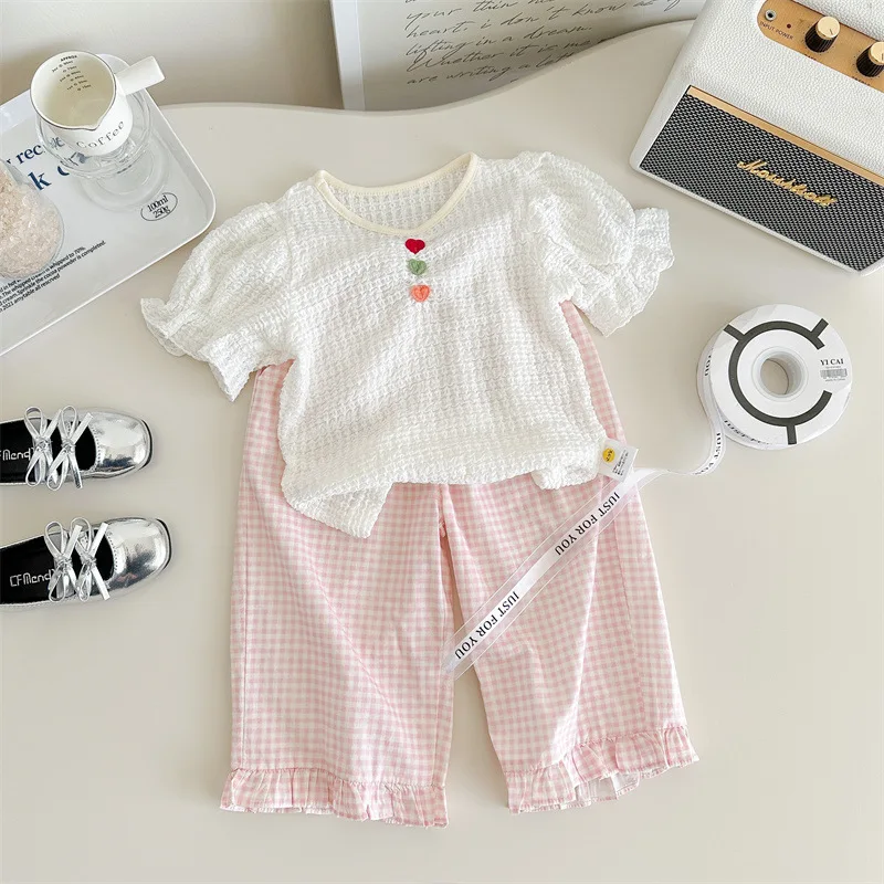 

Girls' Short-Sleeved Suit2025Summer New Stylish Fashionable Toddler Summer Outfit Children Baby Princess Top Set