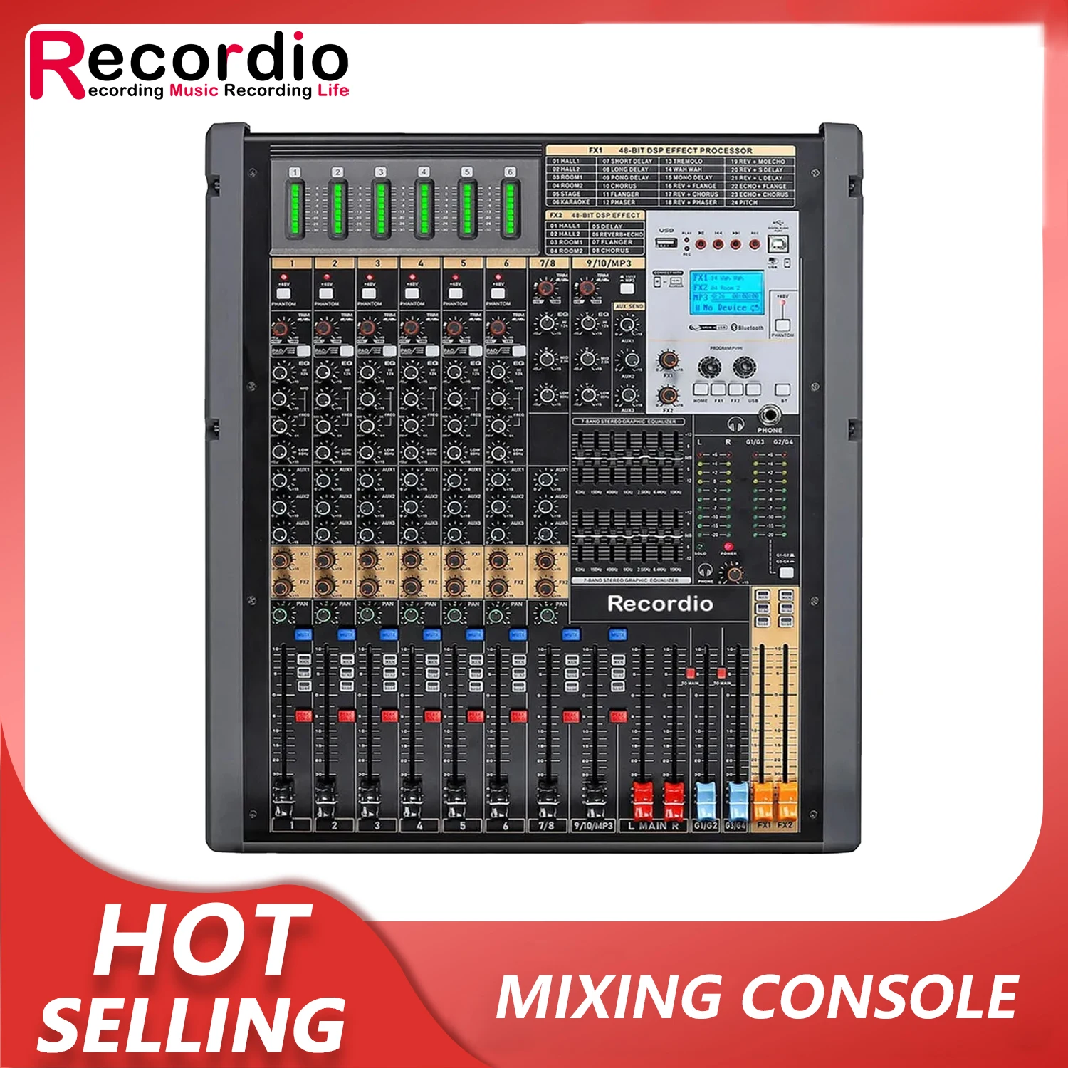 

GAX-TFB10 Dual DSP Effectors Mixer Dual 7 Bands EQ Adjustments Mixing Console 48V Power MP3 Soundcard BT Recording Function