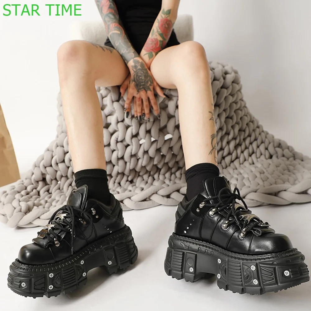 

Metal Rivets Rock Short Boots 2024 Punk Round Toe Platform Lace Up Casual Shoes Fashion Women Boots