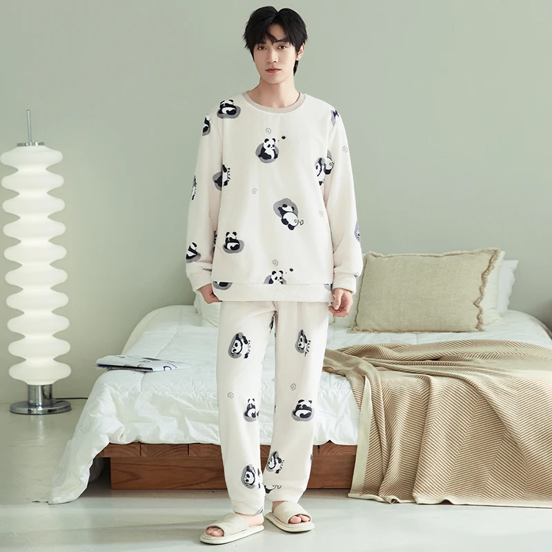 High Quality Winter Men Flannel Sleepwear Male Thick Warm Cute Cartoon Pijamas