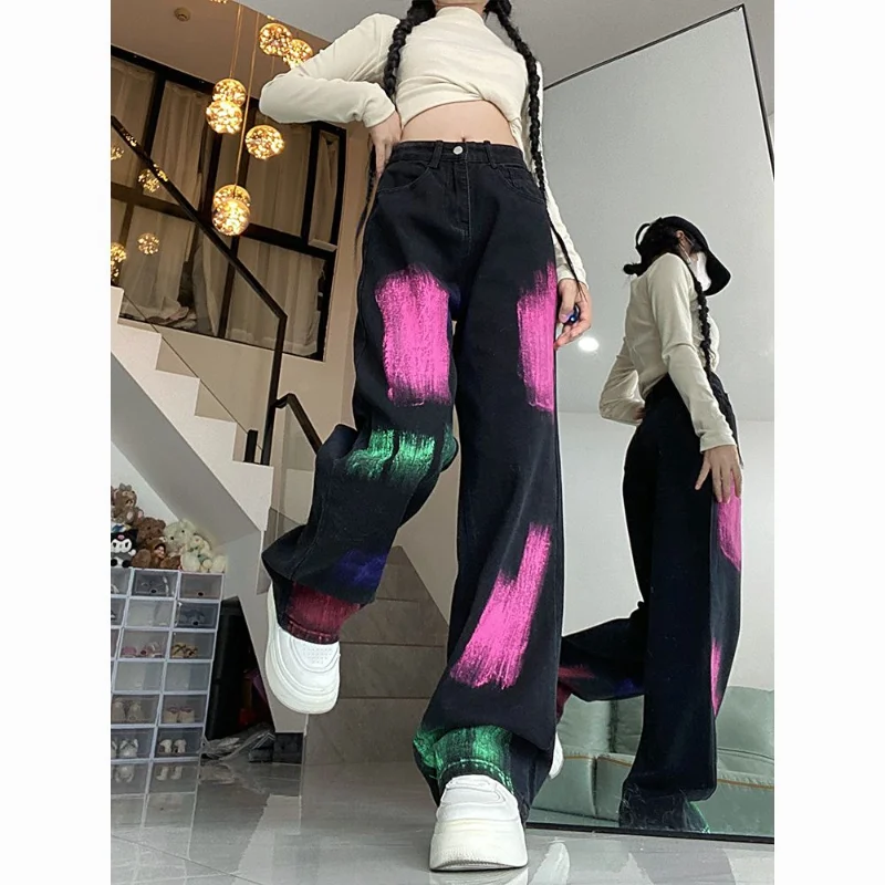 

2024 American Jeans Female Ins High Waist Make Someone Look Slimmer Fashion Trend All Loose Meat Straight Leg Wide Casual Pants