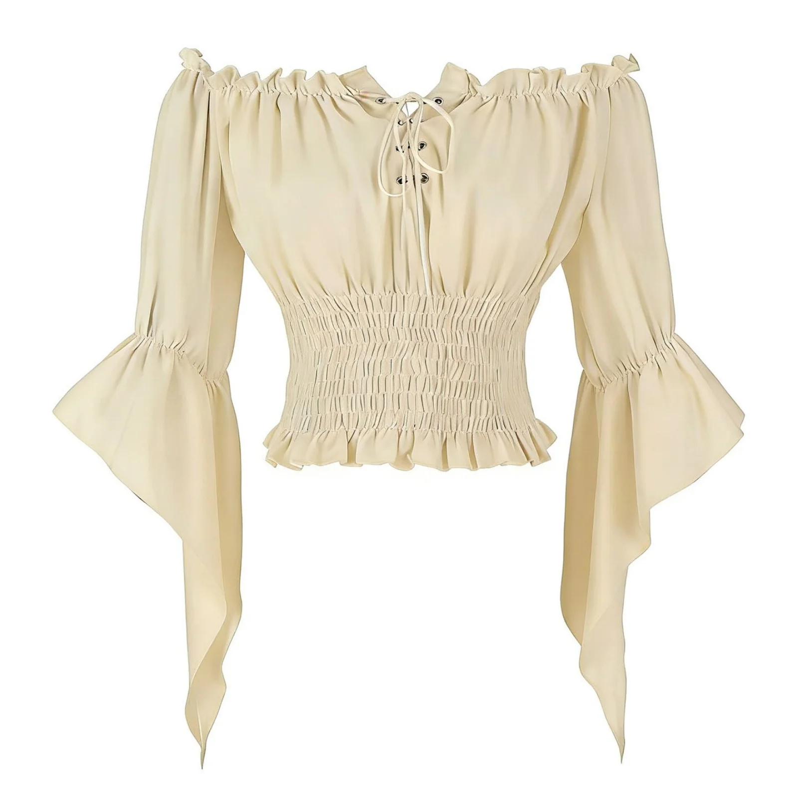 

Women Renaissance Blouse Medieval Viking Pirate Shirt Bohe Farmer Steampunk Off Shoulder Bell Sleeves Lace Up Shirt Top