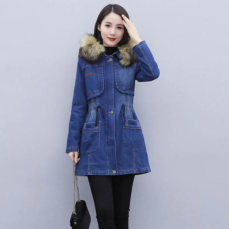 New Elastic Mid-length Hooded Denim Cotton Fleece Slim Women Winter Warm Denim Fashion Windbreaker Cotton Women