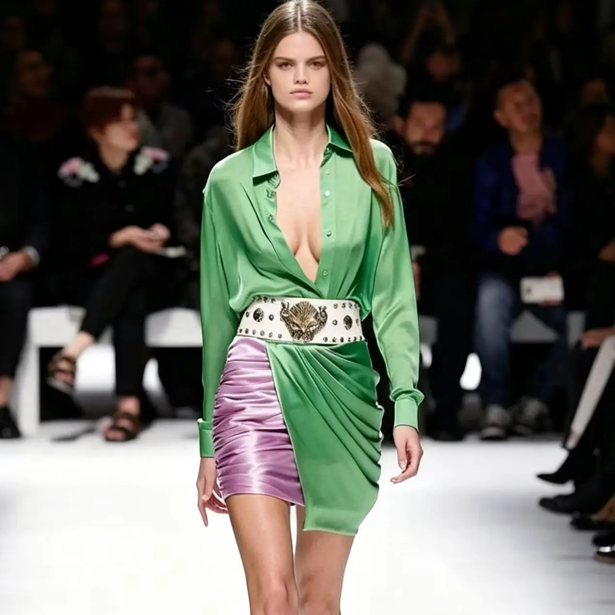 Green Purple Color Block Satin Mini Skirt High Waist Draped Ruched Bodycon Skirt For Runway Fashion Show Nightclub Party Evening