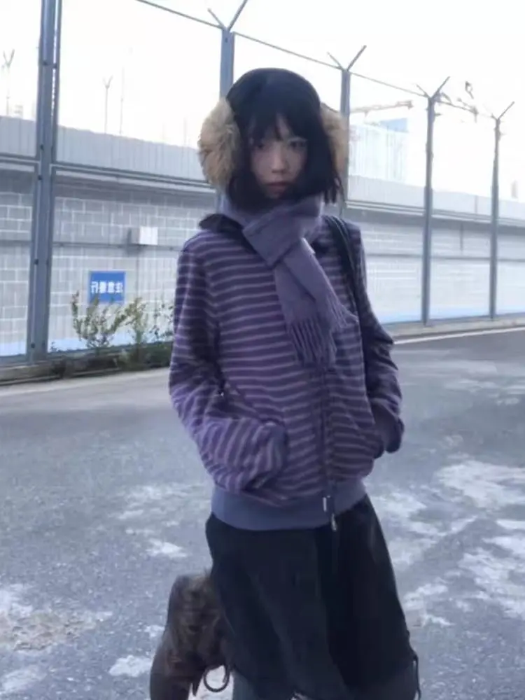 Y2K Vintage Zipper Hoodie Women Long Sleeve Subculture Purple Stripe Priint Harajuku Style Autumn Spting Casual Tops Streetwear gallery 1