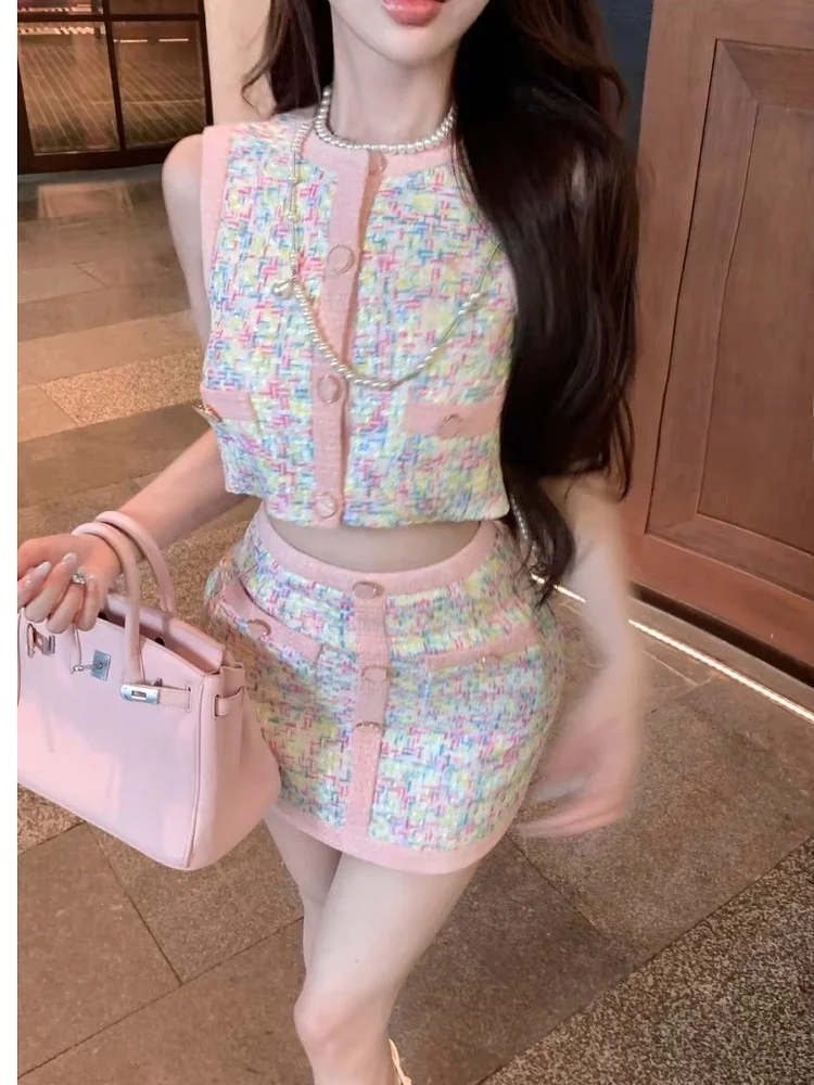 Summer New Heavy Work  Vest Top And Skirt Set Women's Fashion Semi-Body Skirt Two-Piece Set Short Sleeve Button Style