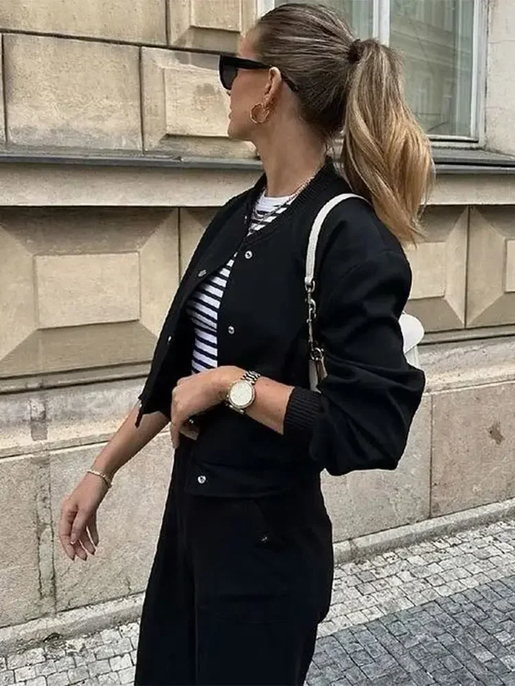 Schicke O-Ausschnitt Einreiher Damen Taschen Bomber jacke Retro solide volle Ärmel kurze schlanke Mäntel 2024 Herbst hohe Streetwear