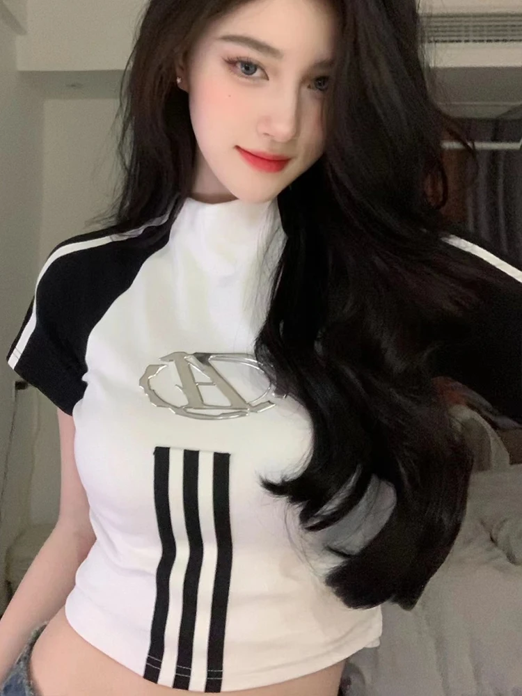 Korean Fashion T-shirt Women Summer Short Sleeve Striped Patchwork Crop Top American Retro Hot Girl Harajuku Y2k Slim Tops Tees