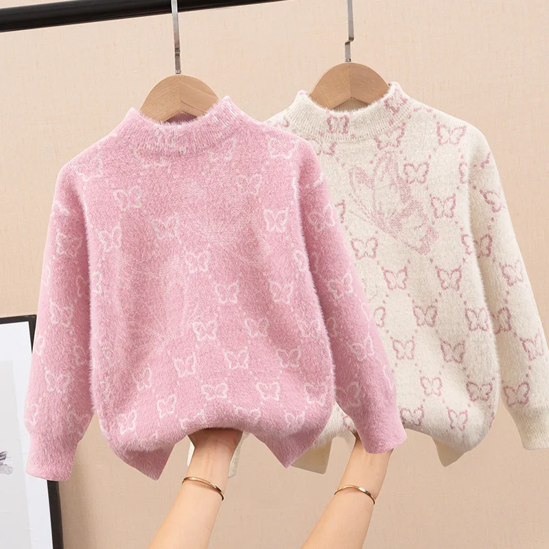 Childrens Autumn Winter Fluff Warm Pullover Sweaters Gilrs Cartoon Butterfly Cute All-Match Shirts Girls Thickend Knitwear 3-14T