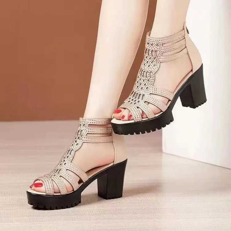 Open Toe Sandal Block Heels para mulheres, sapatos femininos, antiderrapantes, macios, volumosos, luxo, baixo, alto, novo, moda, altura crescente, 2024