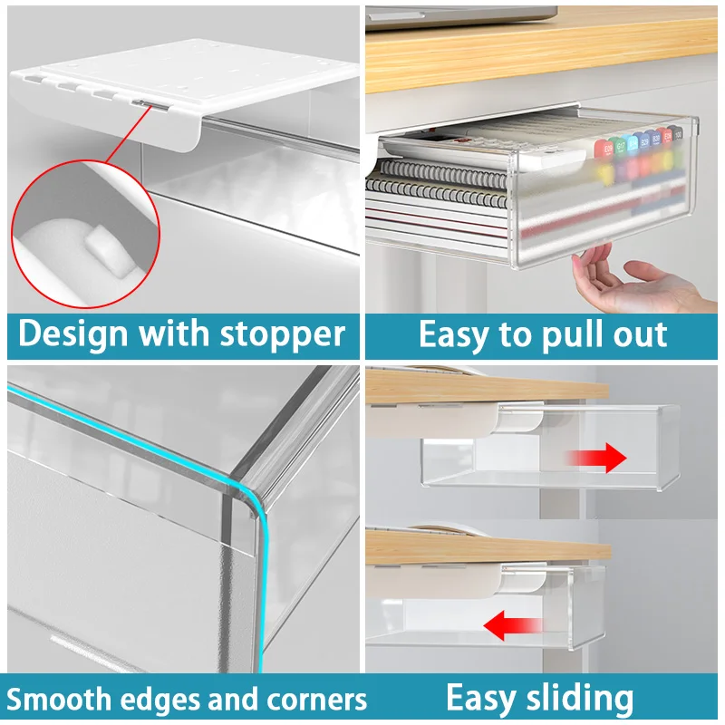 Hidden Undertable Drawer Storage  Self Adhesive Drawer Office Organizer Desk Accessories Under Desk Plastic Storage Box Drawer