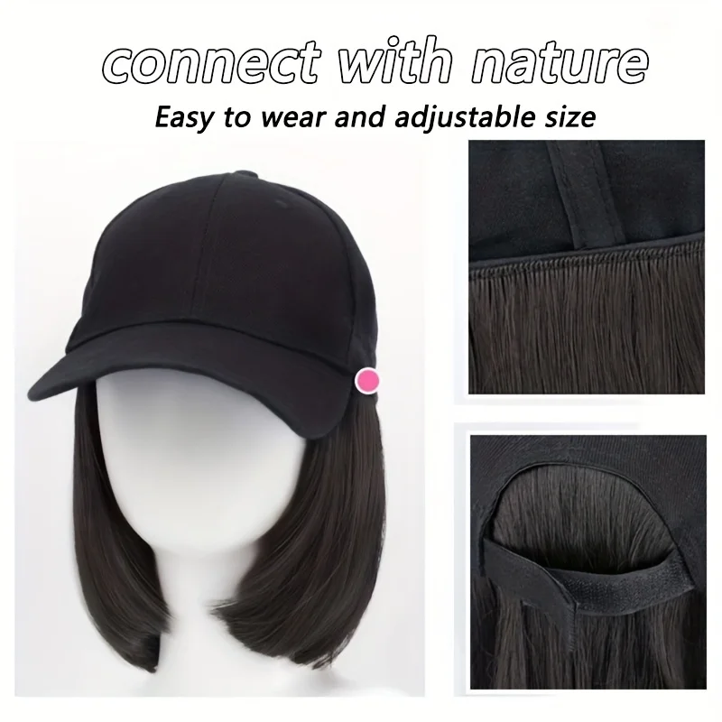 Synthetic Bob Hat Wig Women\'s Black Cap Sun Hat Short Straight Hair Extension Daily Wear Heat-resistant Baseball Cap Adjustable