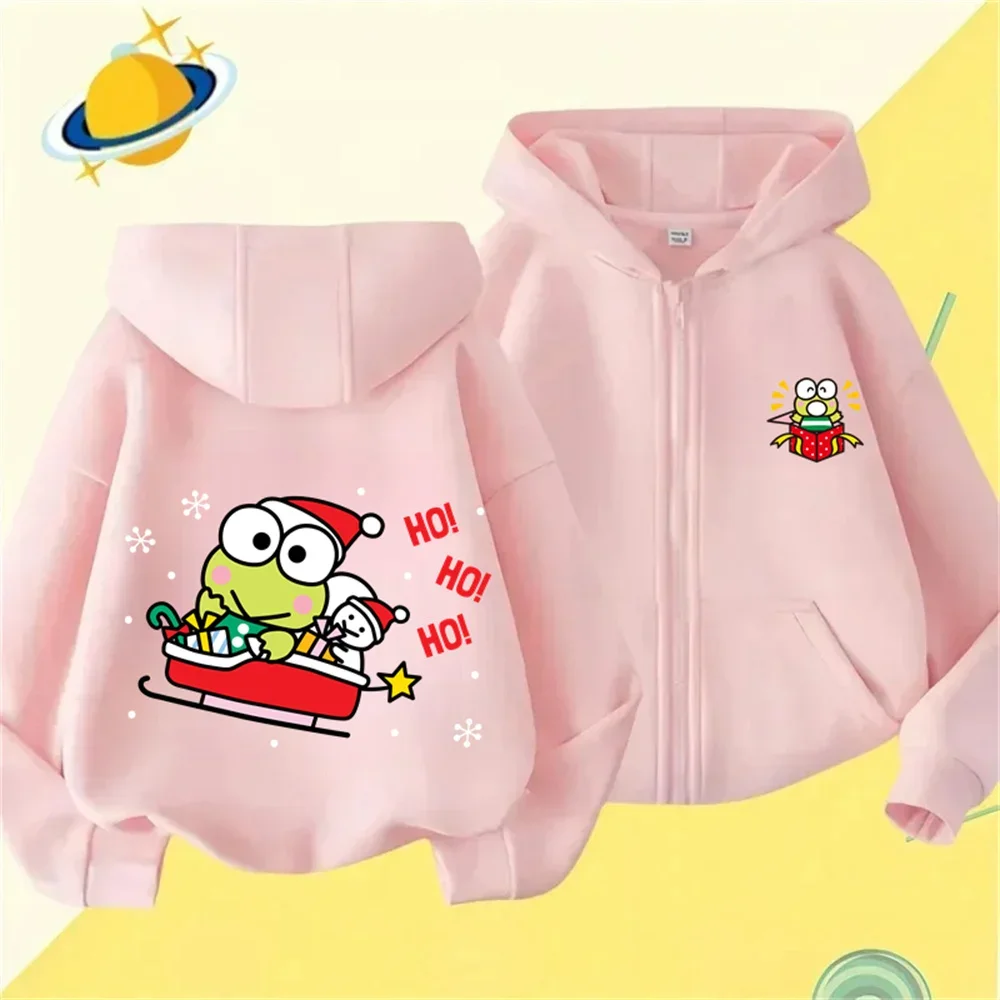 

Kawaii Kero Keroppi Cartoon Decorated Children's Contemporary Solid Color Zipper Hoodie To Keep Kids Warm in Fall and Winter