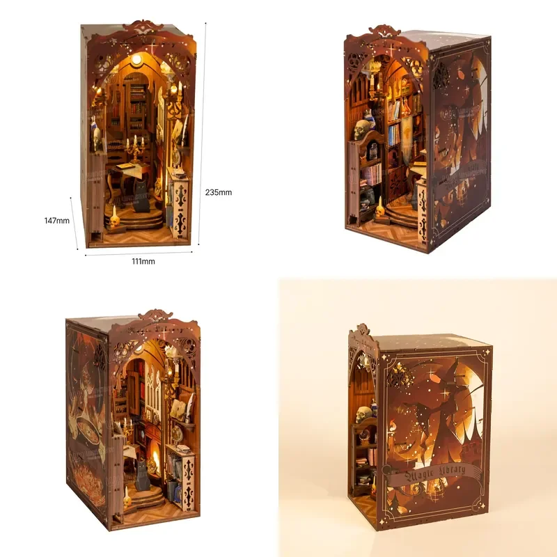 Magical Library DIY Book Nook Kit Wooden Miniature With LED Light Handmade Educational Puzzle Gift