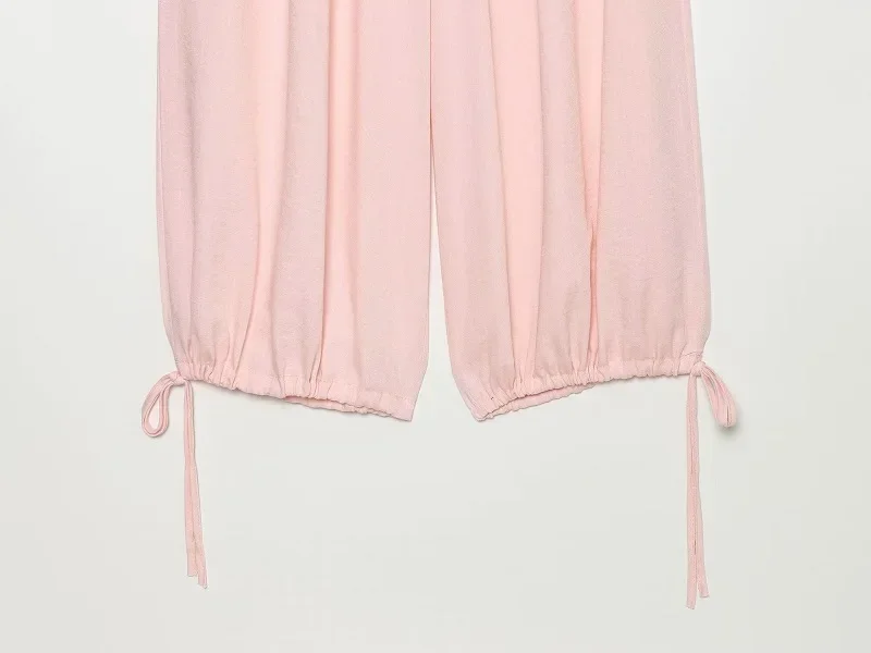 HXAO Sommerhose für Damen mit elastischem Bund, Baggy-Hose in Pink, weit geschnittene Hose mit Schnürung, Jogginghose, Faltenhose, Haremshose für den Urlaub – Detail 7