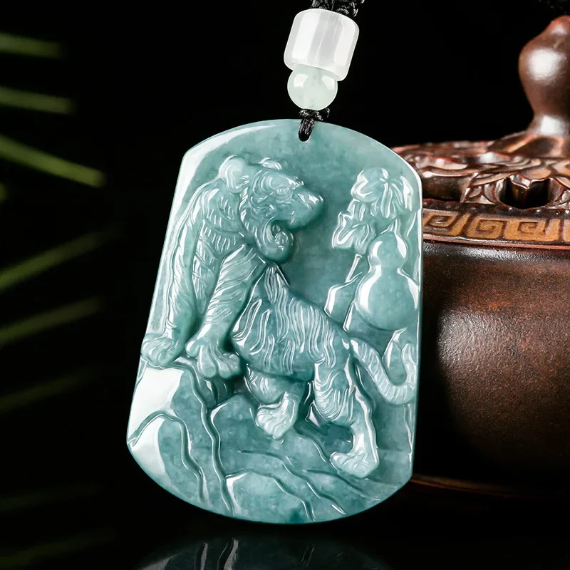 Blue Jadeite Tiger Pendant Necklace Stone Jewelry Carved Gifts for Women Talismans Real Burmese Jade Charm Accessories Natural