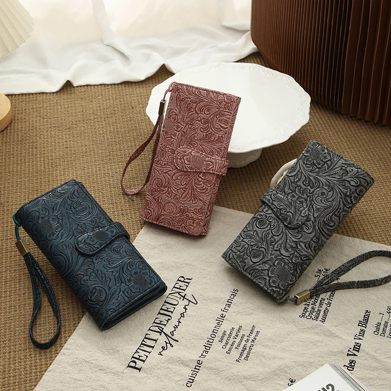 5pcs Wallet For Women PU Plain Rfid anti-theft National Multifunctional 3 Foldable  Phone Long Card Holder With Wrist