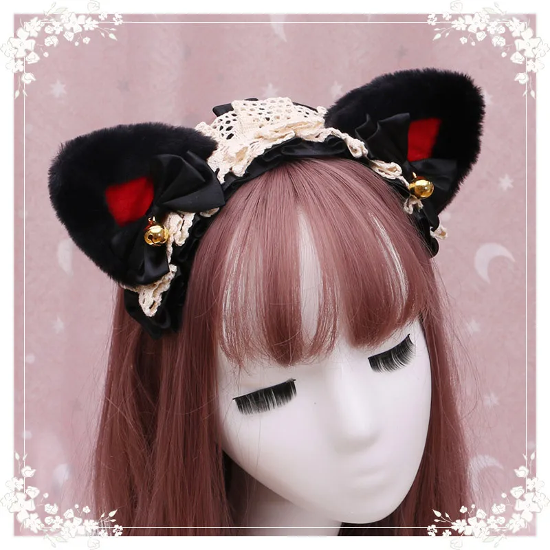 Lolita Kawaii Maid Hairband Women Girls Ruffles Lace Hair Band Cat Ears Ribbon Bell Headband Cosplay Party Hair Accessories