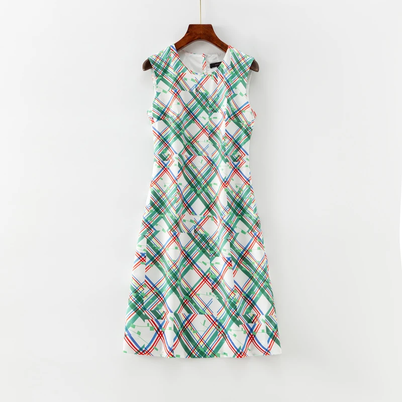 

Women's Plaid Print Mini Dress, O-Neck, Sleeveless, Casual Dresses, Fashion, Green, A4268