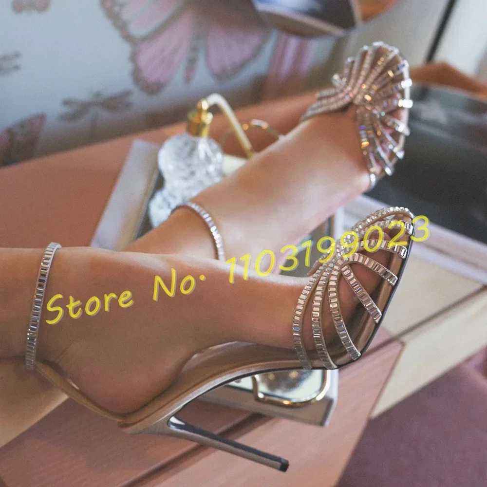 Purple Women Crystals Cage Round Toe Sandals Chic Elegant High Heels Sandals Ladies Ankle Strap Fashion Party Stiletto Shoes