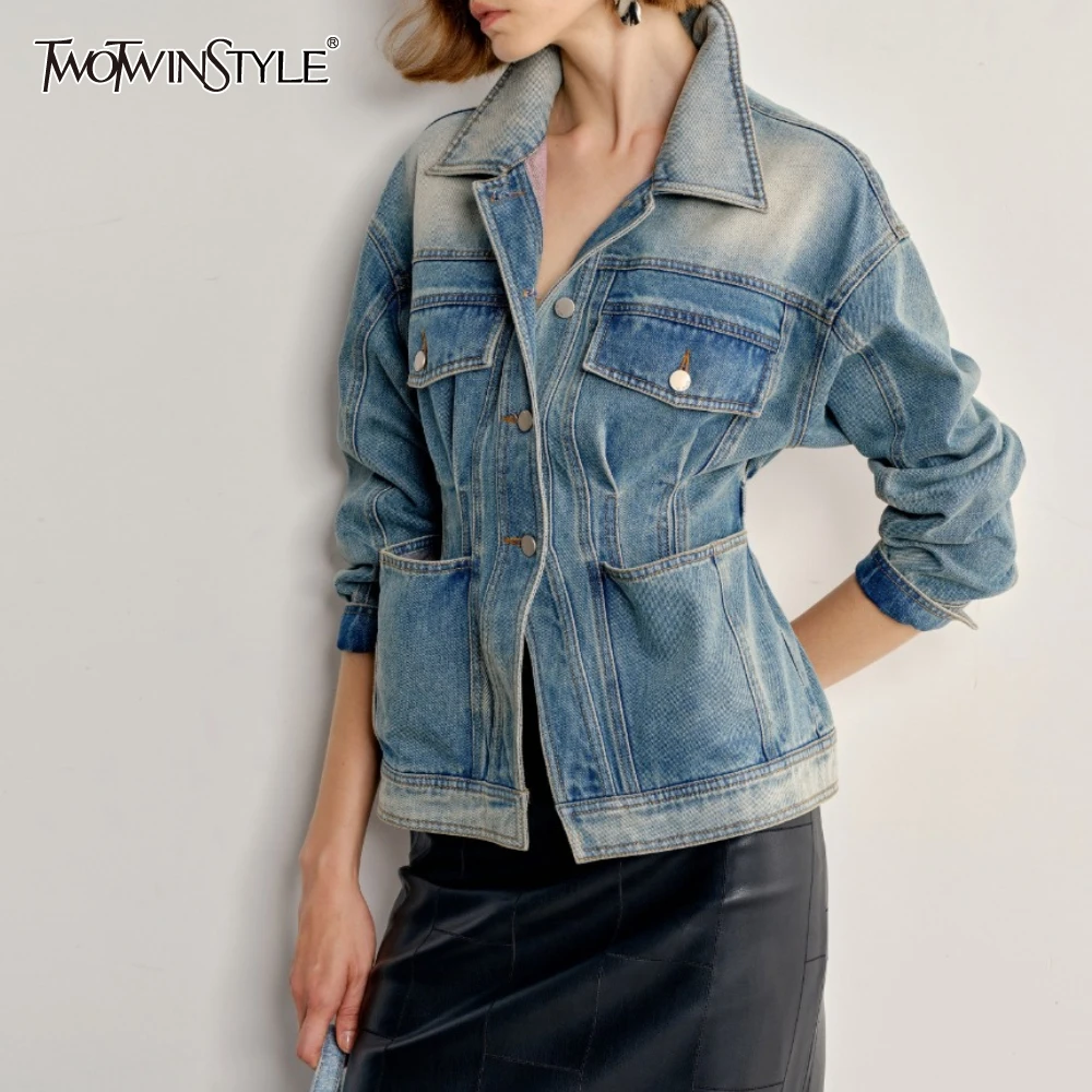 

TWOTWINSTYLE лоскутные куртки для похудения на пуговицах для женщин с лацканами и длинными рукавами, пальто с карманами, женские новые