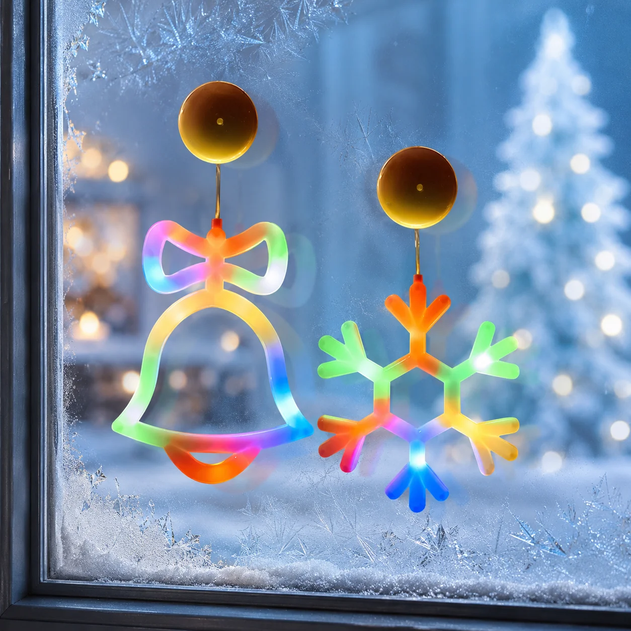 Christmas LED Window Lights Battery Powered Snowflake Jingle Bell Suction Cup Hanging Lamp for Home Bedroom Holiday Party Decor
