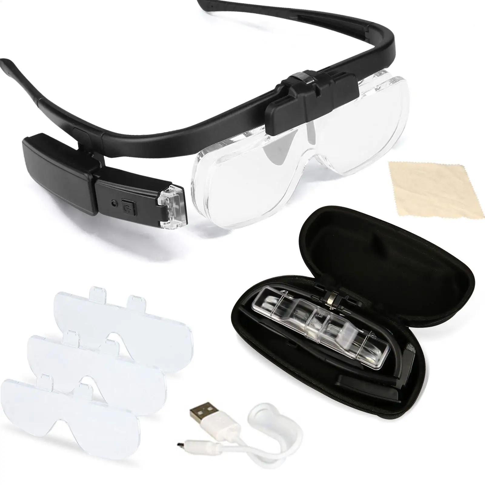 USB Rechargeabl Head Mounted Magnifier Glasses With 3 Detachable Lenses, Head Magnifier For Reading Illuminated Magnifier