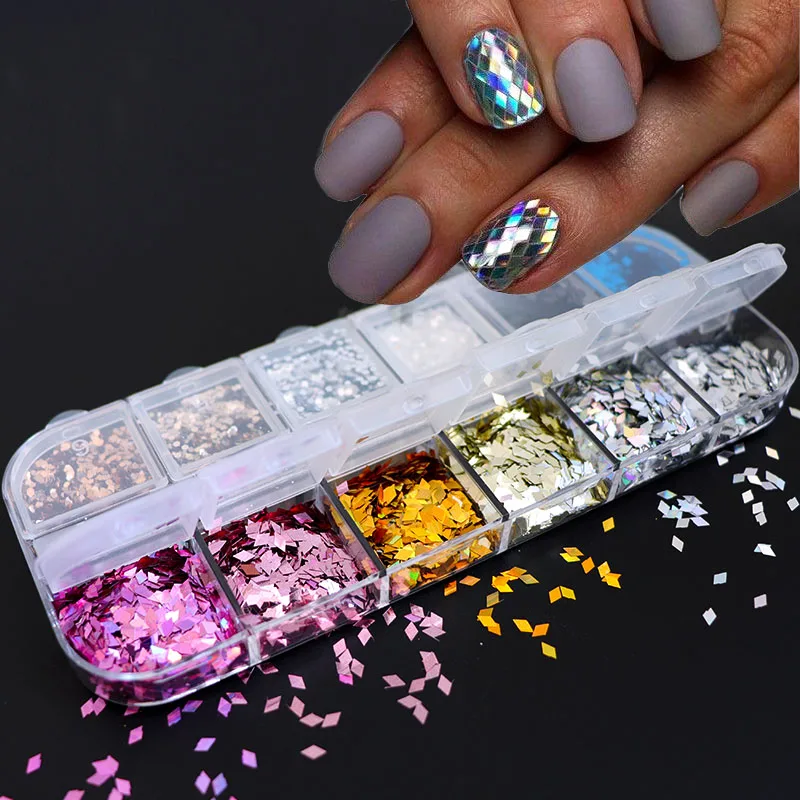 Holographic Glitter Rhombus Sequins For Nail Design Sparkling Diamond Shape Paillette Flakes Nail Art Decorations Accessories