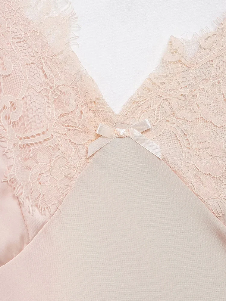 Mini robe Sexy en Satin pour femmes, col en v, dentelle, Patchwork, sans manches, dos nu, Slim, Chic, robe de vacances