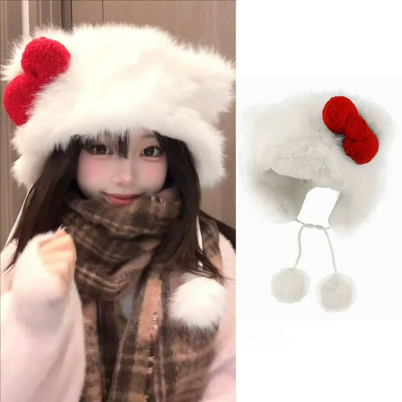 Kawaii Red Bowknot Plush Hat Women Thicken Warm Ear Protection Cartoon Cat Windproof Head Round Pom-pom Beanie Lei Feng Cap