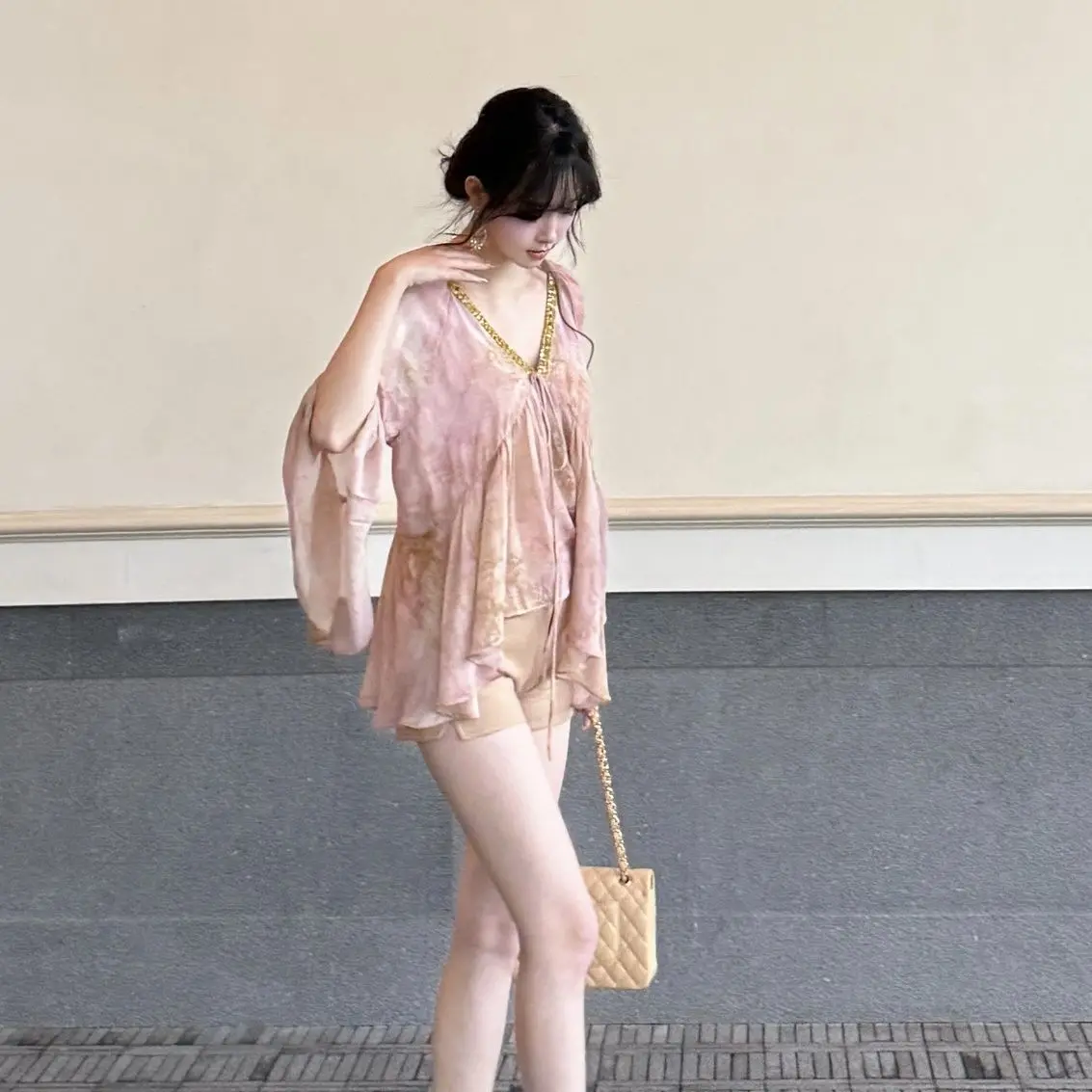 Spring and summer lace-trimmed fringe pleated fashion casual women's top
