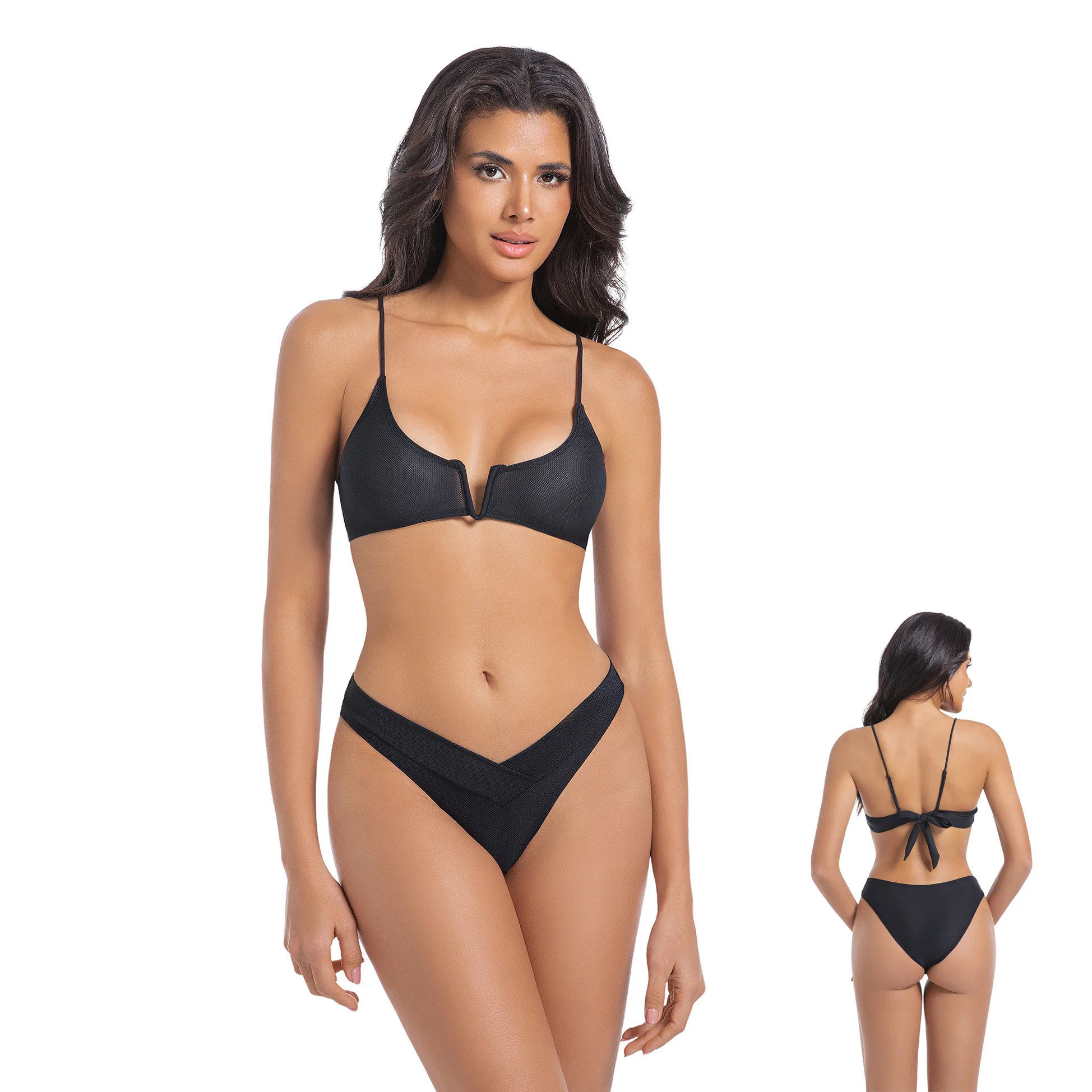 

Volagor Sun Permeable Bikini Set No Tan Lines Two Piece Swimsuit Center Slit Cami Top Back Tie Triangle Brief Tanning