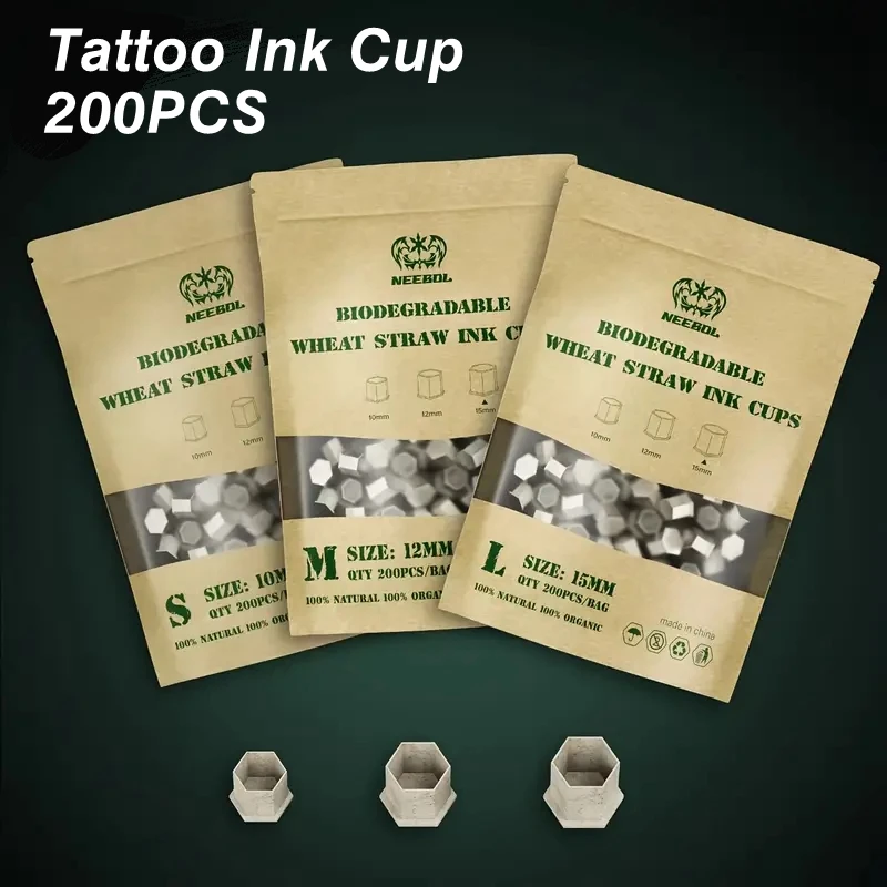 200pcs Biodegradable Tattoo Ink Cups S/M/L 10mm-15mm, ECO-Friendly Disposable Tattoo Ink Caps with Base Eco Wheat Straw for Hold