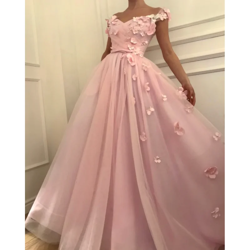 

15204# Elegant Pink Off Shoulder 3D Flowers Lace A-line Wedding Gown Birthday Party Dress For Plus Size Women Prom Evening Dress