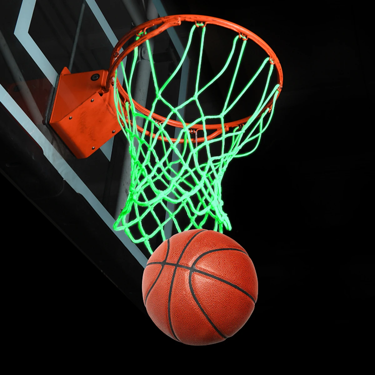 ヘビーデューティーネットグローナイロンバスケットボールネット、暗闇で光るナイトナイロン、耐候性、リム、バックボード、コート、スポーツに適合