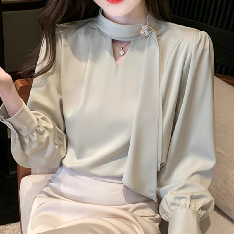 Fashion Elegant Chiffon Blouses for Women Clothing White O-Neck Long Sleeve Shirts Solid Lace-up Office Ladies Tops Dropshipping