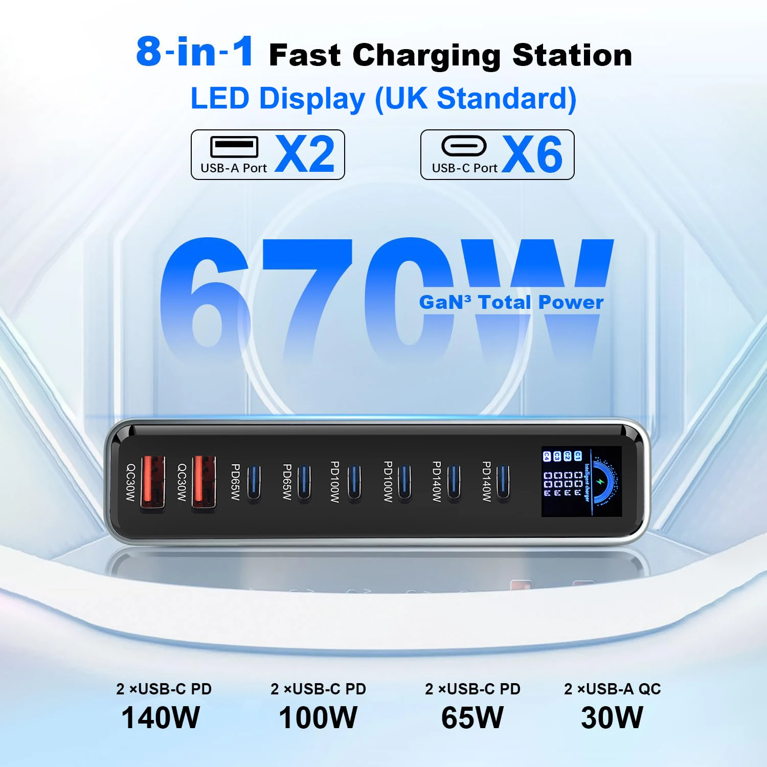 670w-8ポート-gan-iv-ハイパワー-マルチポート充電器-ledディスプレイ搭載、iphone、macbook対応マルチ急速充電ステーション