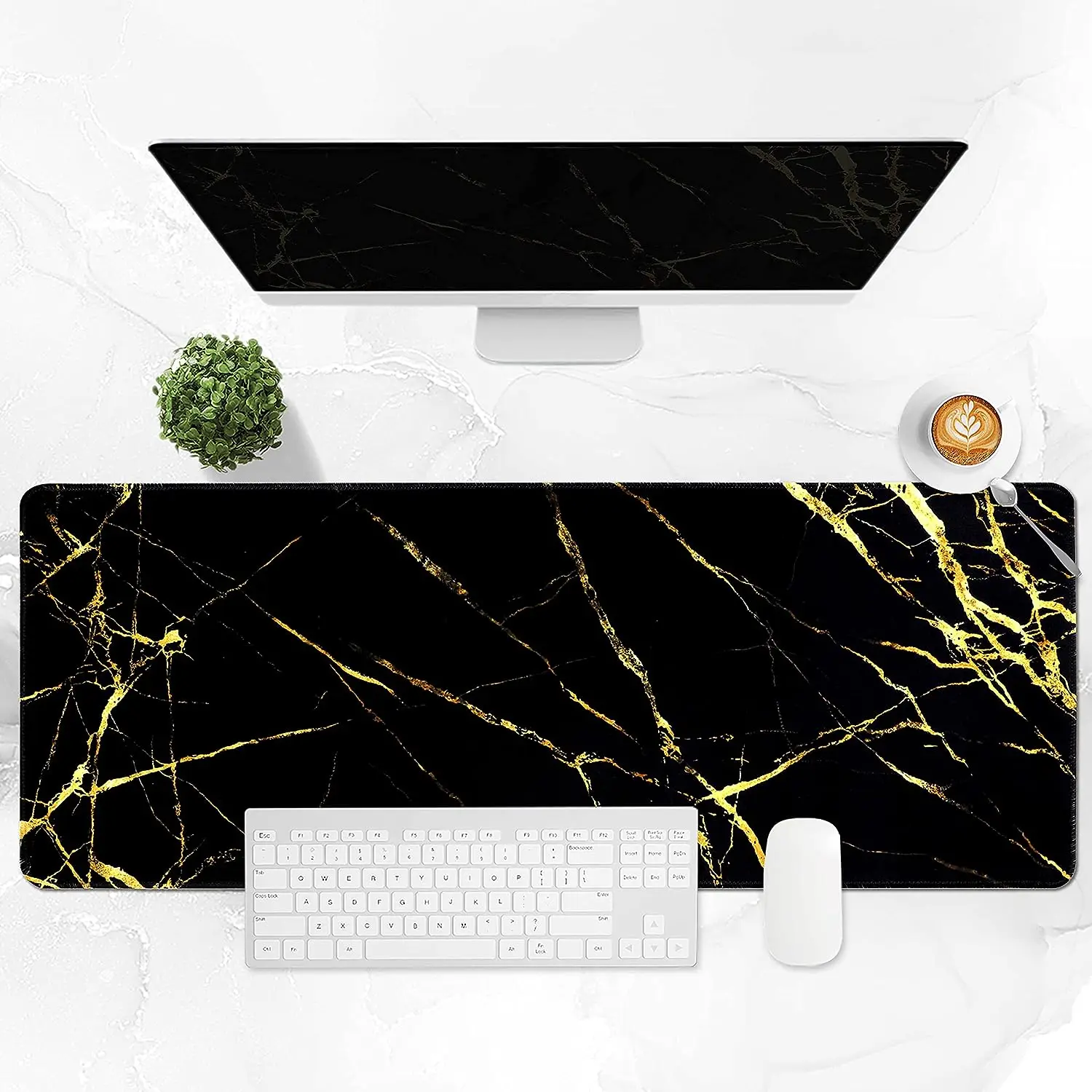 Gaming Mouse Pad Mouse Pad, Black Marble Game pad,Big Gold Desk Pads, PC Keyboard Waterproof and Non-Slip Rubber Table Mat