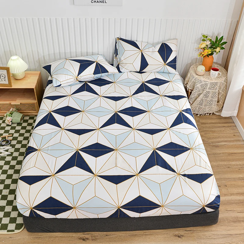 Bonenjoy 1pc Fitted Sheet Plaid Style Bed Cover Elastic Bed Sheets for Home Single/Double/Queen Size Bed Linen (No Pillowcase)