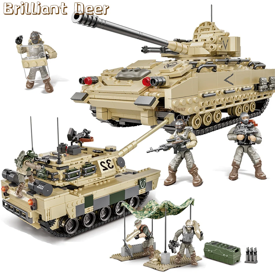 

Military M2 Bradley M4 Sherman M1A2 Abrams US Tank Building Blocks Bricks Model WW2 Army Soldier Weapon Children Toys for Boys