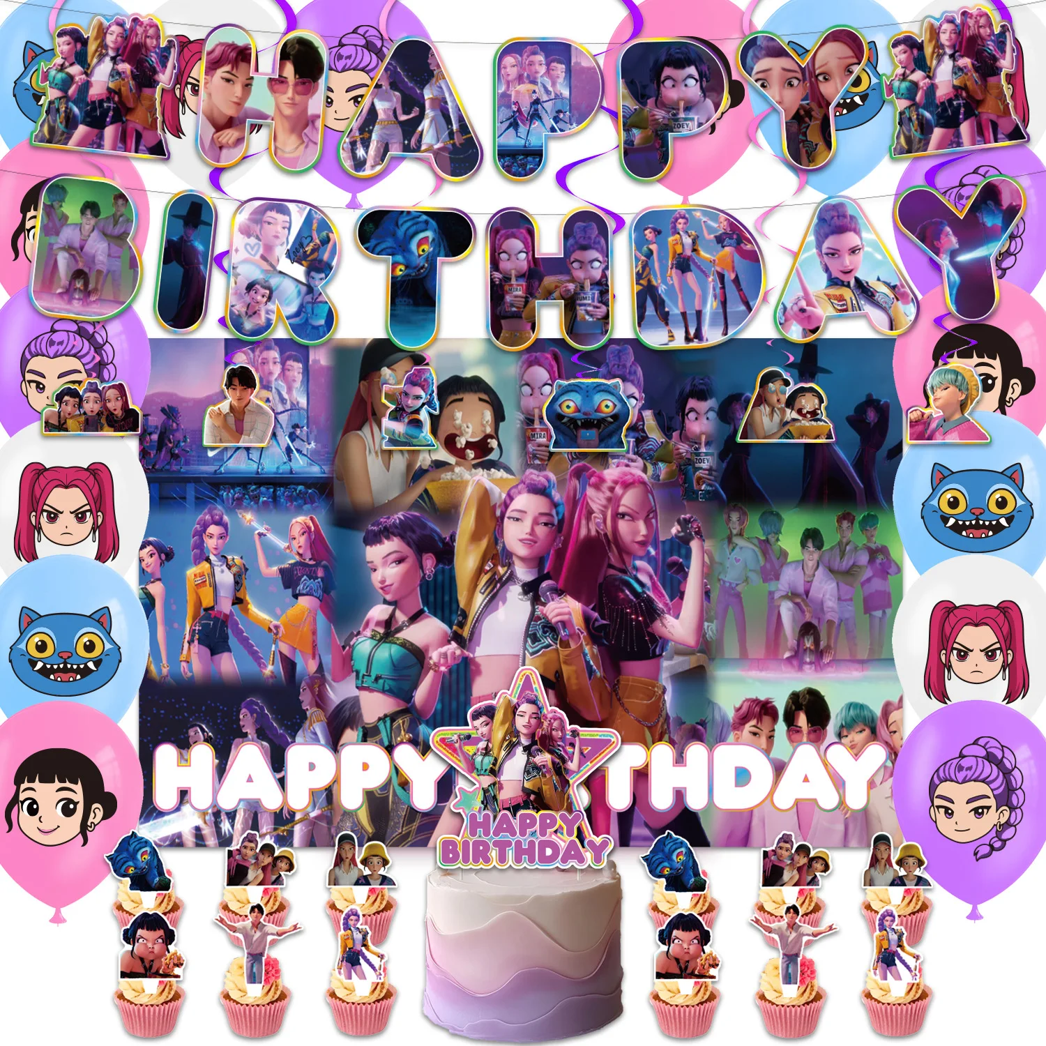 Demon Hunters Birthday Party Decor Tableware Banner Decorations Cake Topper Balloon Girl Kid Korean Kpop Anime Party Supplie Set