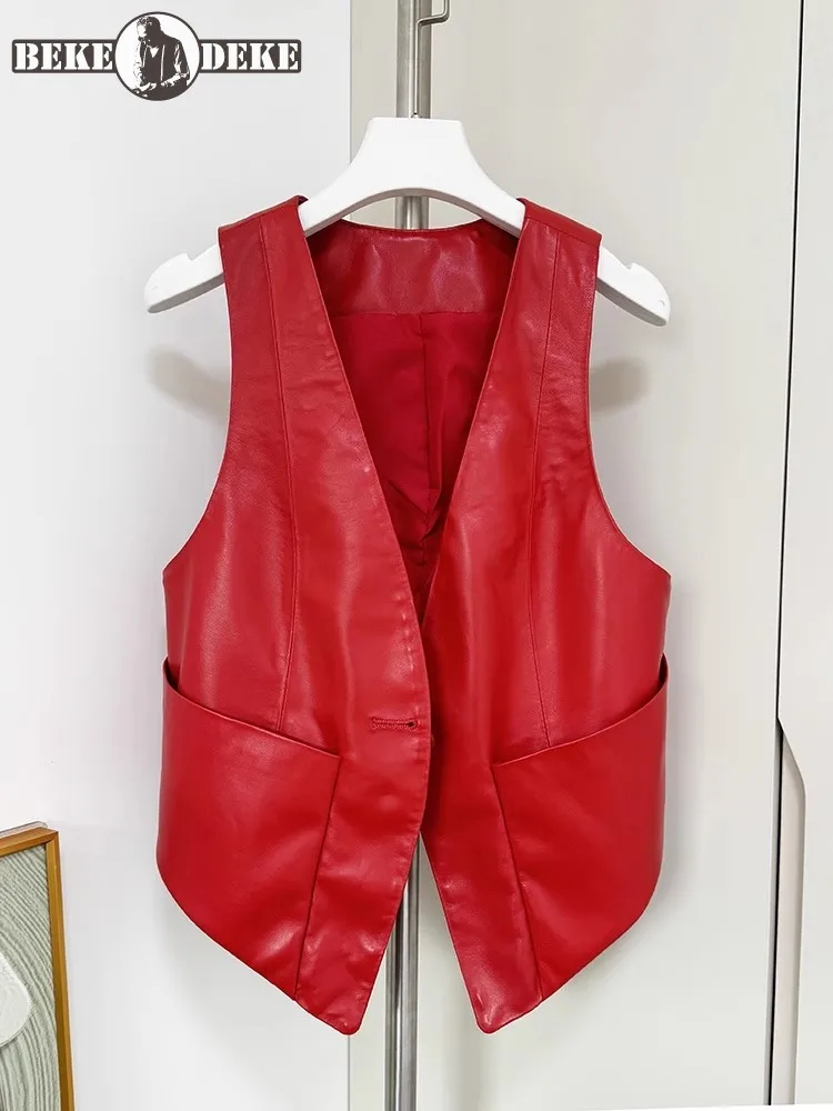 Spring Women Genuine Leather Vest Jacket V-Neck Fashion Single Button Sleeveless Solid Color Casual Waistcoat Female Streetwear