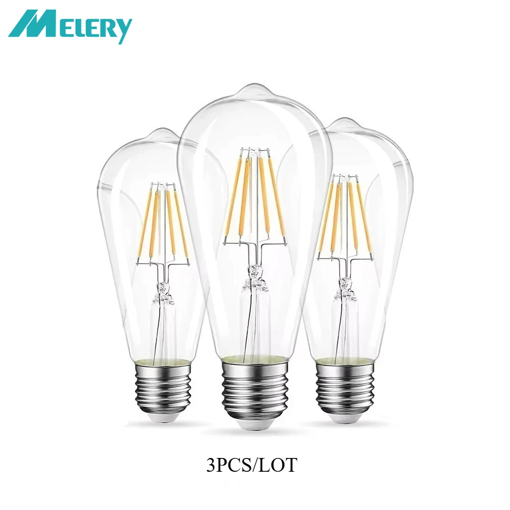 

Melery E27 Светодиодная лампа накаливания в деревенском стиле, прозрачная ST64 2700K, теплый белый цвет, замена лампы накаливания 60 Вт, 806 лм, энергосбережение, 4 упаковки