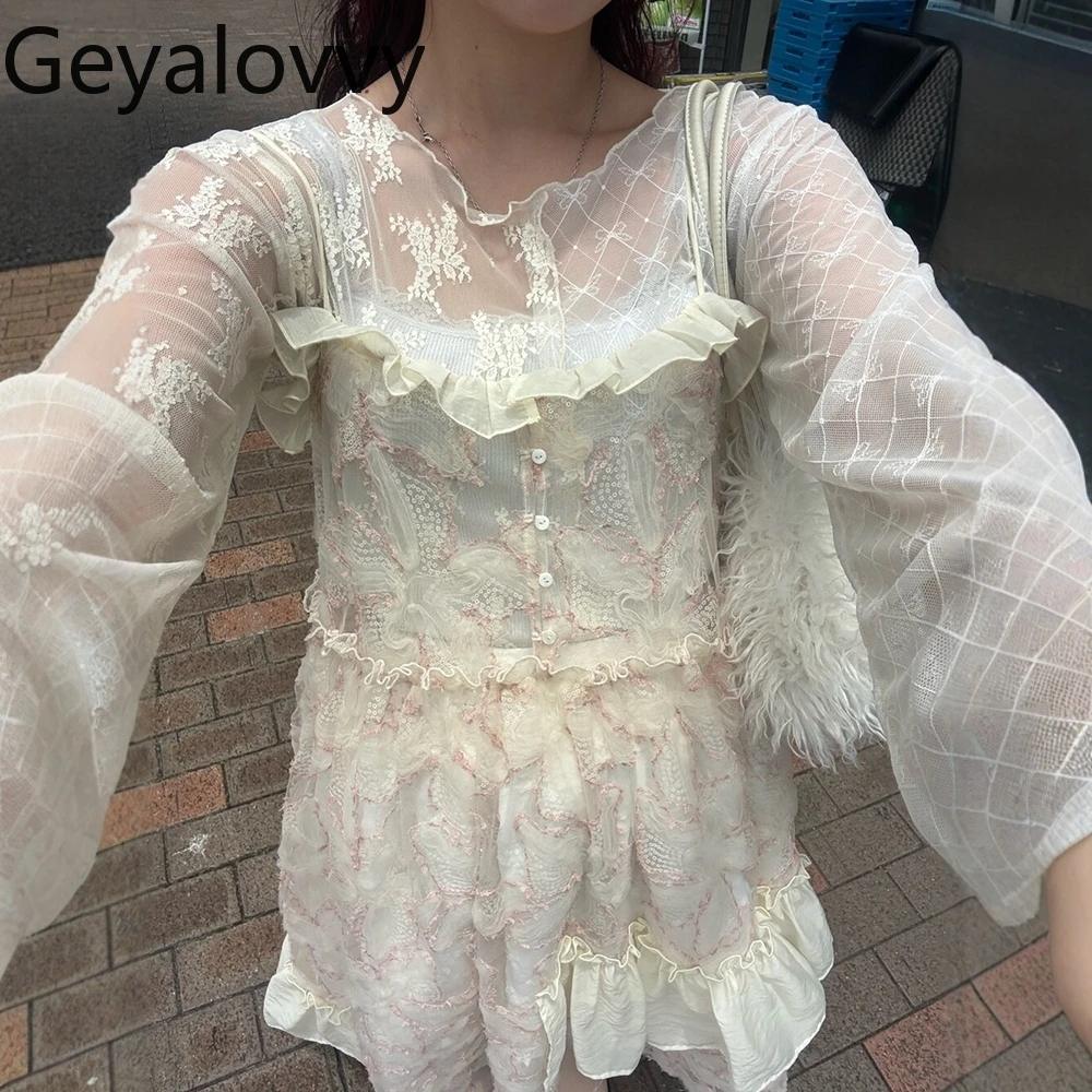 Abito lungo senza maniche trasparente con volant a fiori con paillettes pesanti in stile giapponese Abito lungo con cinturino versatile per ragazze dolci