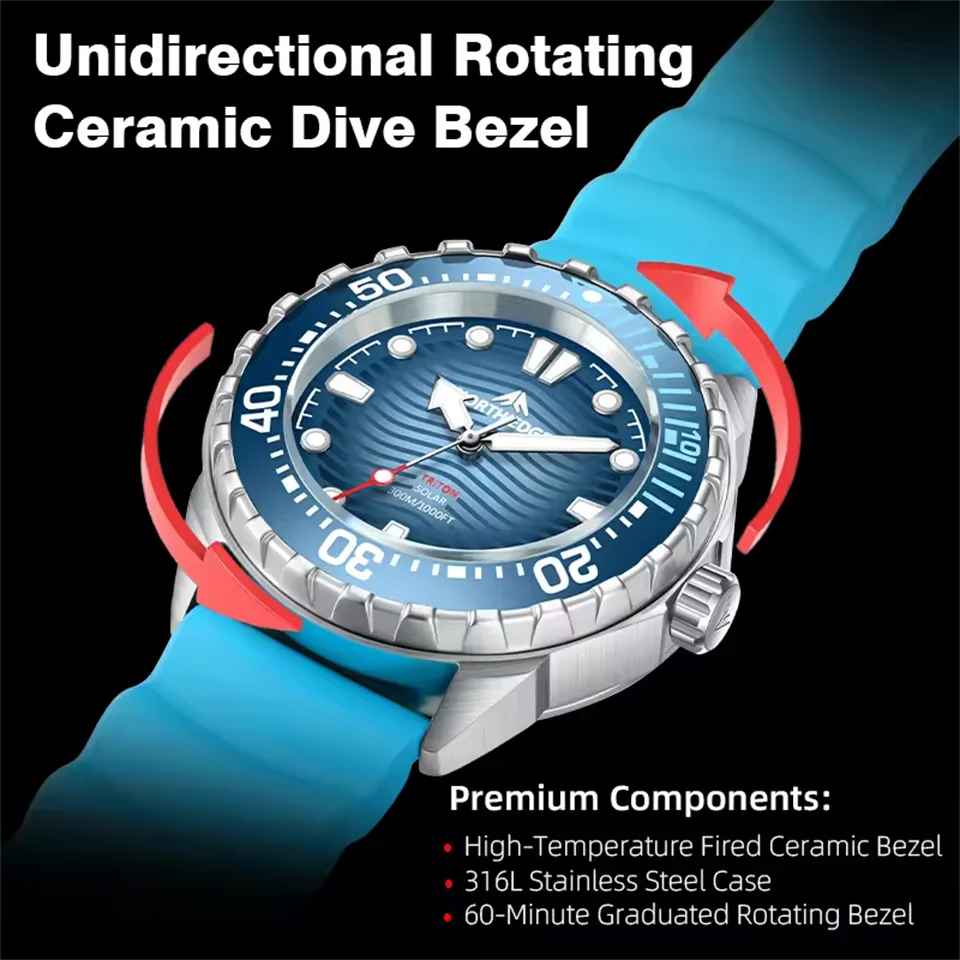 NORTH EDGE الرياضة الغوص تريتون تعمل بالطاقة الشمسية الغوص ساعة الرجال الفاخرة ساعات كوارتز للرجال 316L الفولاذ المقاوم للصدأ مقاوم للماء 300 متر #3