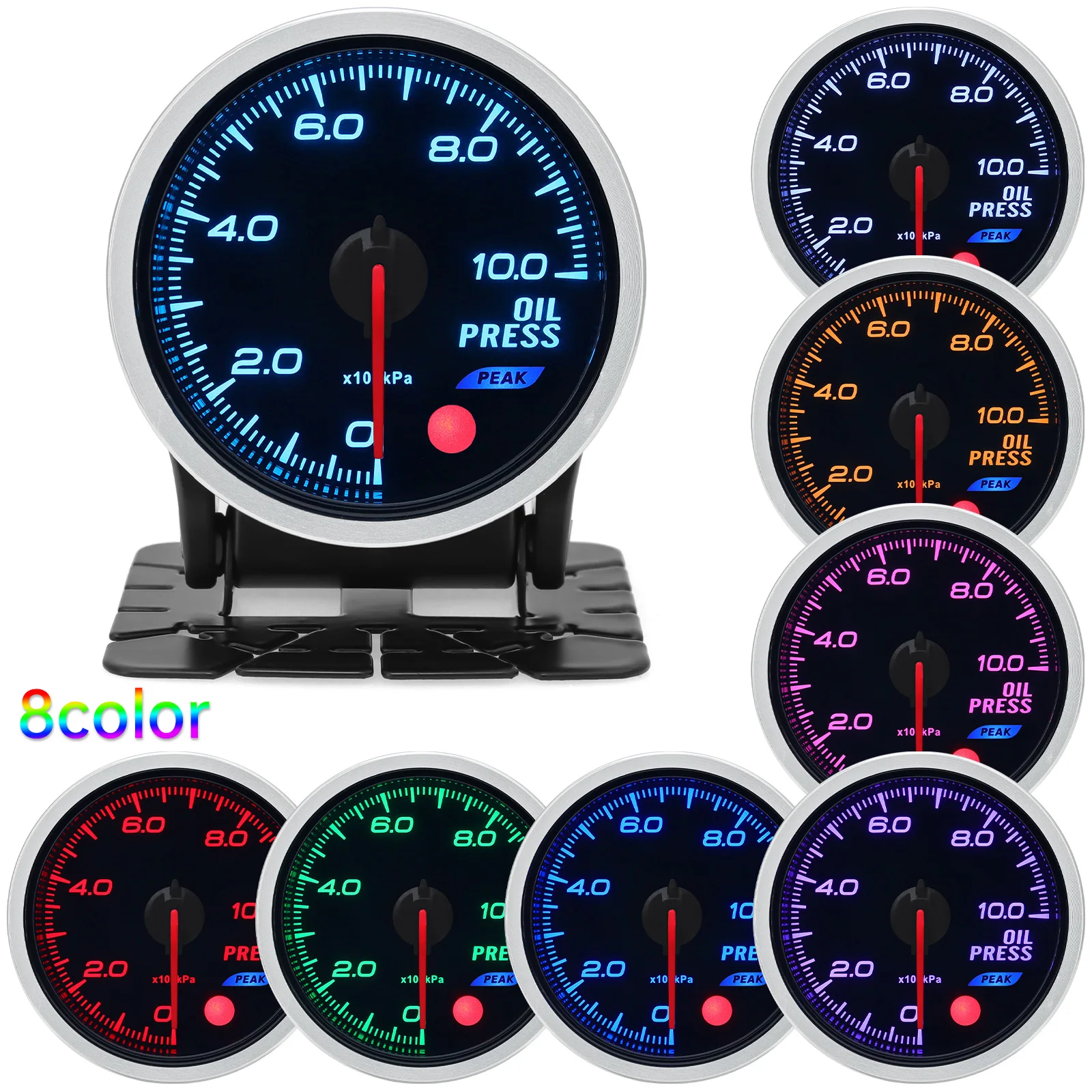 SS 8-color Backlight Auto 12V 52mm Racing Car Gauge Oil Pressure PSI BAR Water Oil Temp EGT Turbo Boost Tachometer Gauge Meter